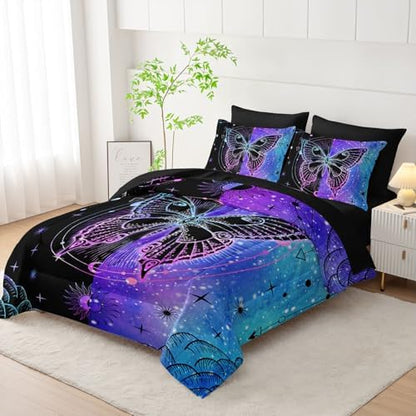 7pcs Animals Comforter Set 3D Black Blue Butterfly Printed Bedding Set with 1 Comforter, 1 Flat Sheet, 1 Fitted Sheet and 4 Pillowcases for Boys and Girls Bedroom (Butterfly-4 King