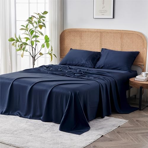 Sijo AiryWeight Tencel Sheet Set, 100% Lyocell Derived from Eucalyptus, Buttery Soft, Architectural Digest Best Cooling Sheets Winner - 4pc - 2 Pillowcases 1 Fitted 1 Top (Sapphire, King)