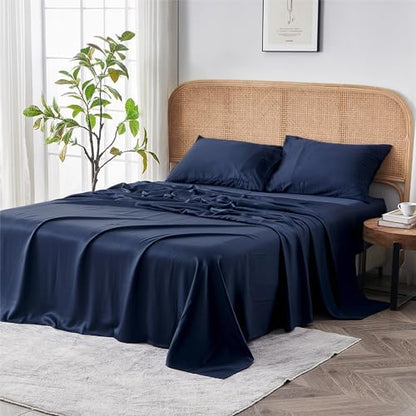 Sijo AiryWeight Tencel Sheet Set, 100% Lyocell Derived from Eucalyptus, Buttery Soft, Architectural Digest Best Cooling Sheets Winner - 4pc 2 Pillowcases 1 Fitted 1 Top (Sapphire, Queen)