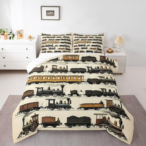 Erosebridal Vintage Steam Train Kids Comforter Sets Travel Locomotive Train Queen Bedding Set for Boys Girls Transport Vehicle Comforter Set Steampunk Railway Quilt Duvet 3 Pcs Beige