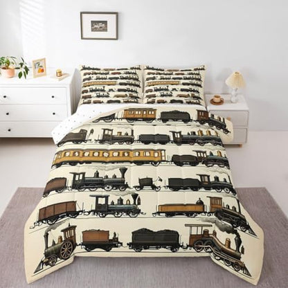 Erosebridal Vintage Steam Train Kids Comforter Sets Travel Locomotive Train King Bedding Set for Boys Girls Transport Vehicle Comforter Set Steampunk Railway Quilt Duvet 3 Pcs Beige