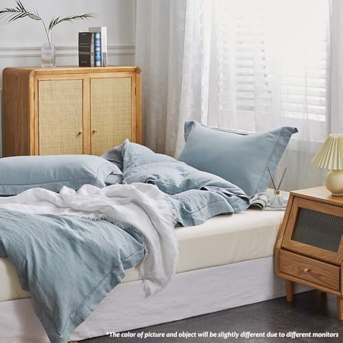 Simple&Opulence 100% French Flax Linen Duvet Cover Set with Embroidery Washed - 3 Pieces (1 Duvet Cover with 2 Pillow Shams) with Button Closure Soft Breathable Farmhouse - Dusty Blue, King Size