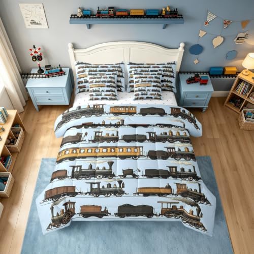 Erosebridal 7 Pcs Vintage Steam Train Comforter Set for Boys Kids Travel Locomotive Train Twin Bedding Set with Sheets for Teens Men Transport Vehicle Bed in A Bag Steampunk Railway Bed Sets Blue