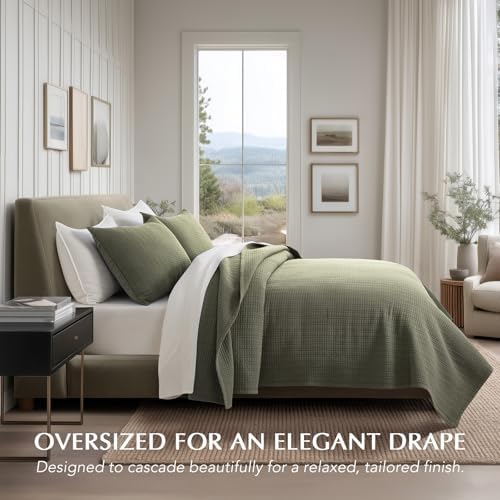 EverGrace 100% Cotton Modern Grid Stitch Quilt Set, Queen Size, Olive Green
