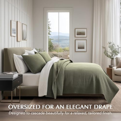 EverGrace 100% Cotton Modern Grid Stitch Quilt Set, Queen Size, Olive Green