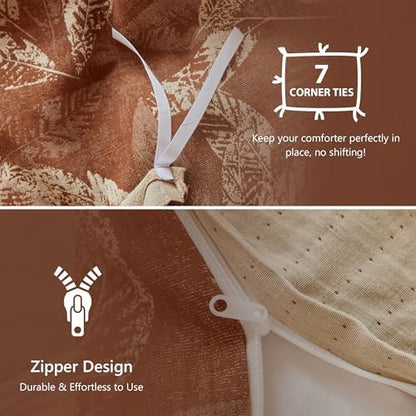 Simple&Opulence Muslin Duvet Cover Set King Size, 100% Washed Cotton 3 Pieces Yarn-Dyed Vintage Brown Floral Jacquard Textured Bedding, Soft & Breathable Gauze Comforter Cover with Zipper Closure