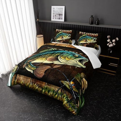 Nttopship Big Pike Fish Bedding, Bass Fishing Comforter Set Hunting and Fishing Brown Green Bedding Set Themed Comforter Set for Kids Boys Room Decor, Full Bed in a Bag for Teens with 2 Pillowcases