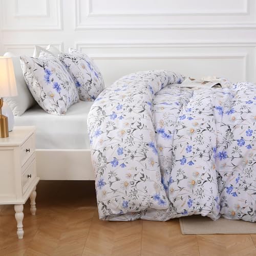MUXHOMO Blossom Blue Full Comforter Set, Elegant Floral Print Bed in a Bag 7 Pieces, Ultra Soft & Breathable Reversible Botanical Pattern Bedding Set with Comforter, Sheets, Pillowcases, and Shams