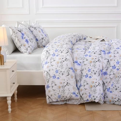 MUXHOMO Blossom Blue Bed in a Bag Queen 7 Pieces, Queen Comforter Set Reversible Botanical Flowers Design, Ultra Soft & Breathable Bedding Sets with Comforter, Sheets, Pillowcases & Shams