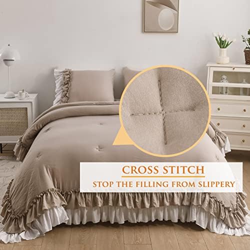 Masaca Ruffled Comforter King Size,Farmhouse Rustic Bedding Shabby Boho Chic Taupe and White Bedding Vintage Aesthetic Lightweight Fluffy Comforter Set 3 Pieces
