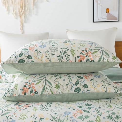 VM VOUGEMARKET Green Flower Duvet Cover Set Queen for Teen Girls,90"x90"