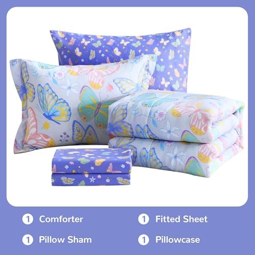 Viviland Kids Twin Bedding Sets, Girls Comforter, Colorful Butterfly