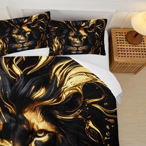 Black & Gold King Comforter Set Lion，Animal Print King Size Bedding，with 1 Comforter with 2 Pillow Case，Lion Themed Bedroom Decor for Boy Kids