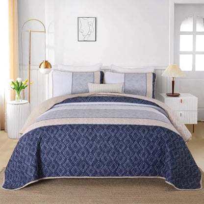 Cottolester Quilt Set Queen,3 Pcs Khaki Navy Blue Striped Plaid Bedspread