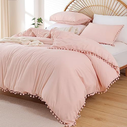 YIRDDEO Twin Comforter Set, Blush Pink Ball Pom Fringe Bedding Set 2 Pcs
