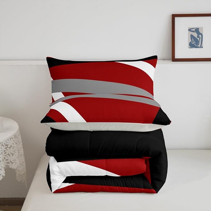 Erosebridal Red Gray Black Striped Toddler Comforter Modern Abstract Bedding Set Geometric Lines Duvet Insert Aesthetic Boho Bed Sets