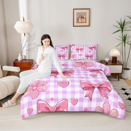 jejeloiu Purple Bow Comforter Set Twin Size Bedding Set Kids Boys Girls
