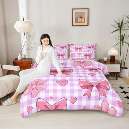 jejeloiu Purple Bow Comforter Set Twin Size Bedding Set Kids Boys Girls