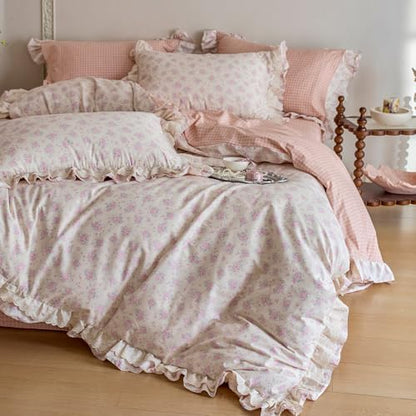 LifeTB Vintage Pink Floral Duvet Cover Set Queen Size, 100% Cotton Cottagecore Flower Comforter Cover with 2 Pillowcases, Romantic Ruffle Botanical Duvet Cover Princess Lace Farmhouse Bedding Set
