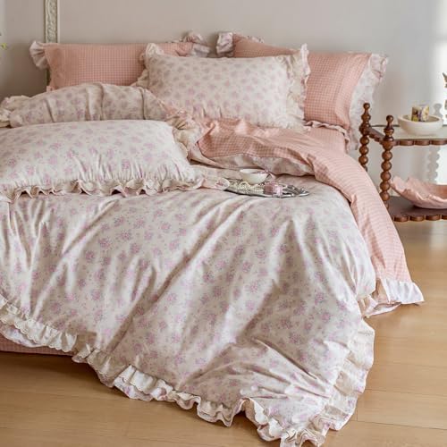 Pink Floral Duvet Cover Set Twin, Romantic Ruffle Lace Botanical Floral Bedding Set, 100% Cotton Girls Cottagecore Flower Duvet Cover, Reversible Grid Botanical Comforter Cover with 2 Pillowcases