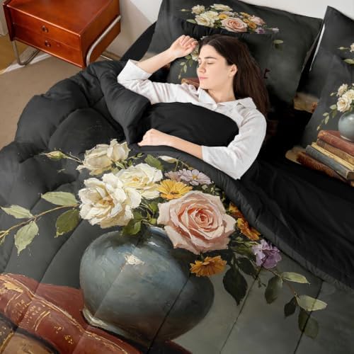 Erosebridal Vintage Book 7 Piece Bedding Set King Flower Comforter Set with Sheets Ancient Books Bed in a Bag Retro Plants Bed Sets Comforter