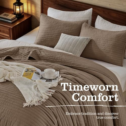 DOWN HOME Twin Quilt Bedding Set with Sham, Vintage Washed Soft Quilted Blanket Thin Comforter Lightweight Bedspread Coverlet Bed Cover, Brushed Microfiber Stripe Stitching, Brown, 66"x92"