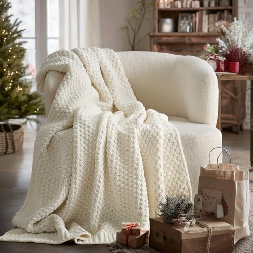 EVERGRACEHOME Chunky Chenille Knit Throw Blanket, 50 x 60, Ivory White