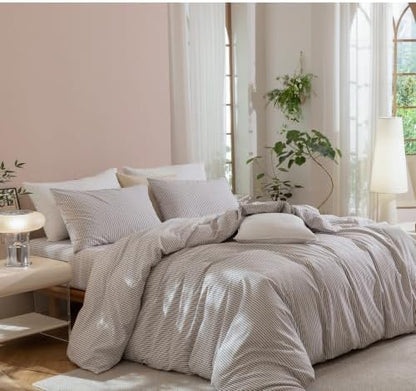 JIYUAN Twin Washed Cotton Duvet Cover Set, 2-Piece, Linen-Like Pinstripe