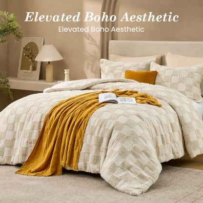 Sasttie King Comforter Set, 3 PC Boho Tufted Bed, Checkered Bedding, Beige