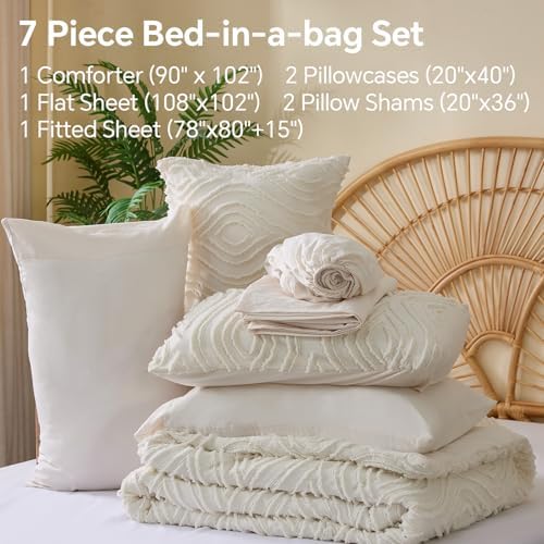 BEDELITE King Comforter Set 7 Pieces,Boho Bed in a Bag,Wavy-Cream White