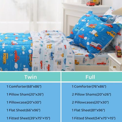Viviland Kids Full Bedding Sets, Boys Comforter, Deep Blue Traffic Cars