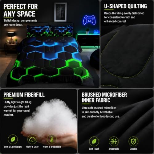 Castle Fairy Honeycomb Bedding Comforter Set Twin Size,Hexagon Theme with Green Blue Neon Lights Quilt Set,Boys Teen Man Chic Creative Home Bedding Set 2pcs Duvet Insert with 1 Pillowcase,Black