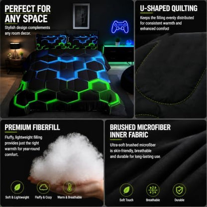 Castle Fairy Honeycomb Bedding Comforter Set Twin Size,Hexagon Theme with Green Blue Neon Lights Quilt Set,Boys Teen Man Chic Creative Home Bedding Set 2pcs Duvet Insert with 1 Pillowcase,Black