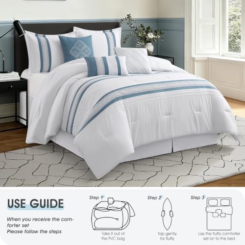 LANCO MODERN LIFESTYLE 7 Piece Comforter Set, Blue White, California King, Boho Style Geometric Microfiber Embroidery, Bed in a Bag with Bedskirt, Pillow Shams and Decor Pillows