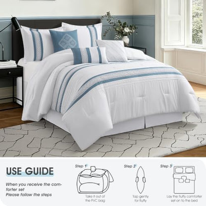 LANCO MODERN LIFESTYLE 7 Piece Comforter Set, Blue White, California King, Boho Style Geometric Microfiber Embroidery, Bed in a Bag with Bedskirt, Pillow Shams and Decor Pillows