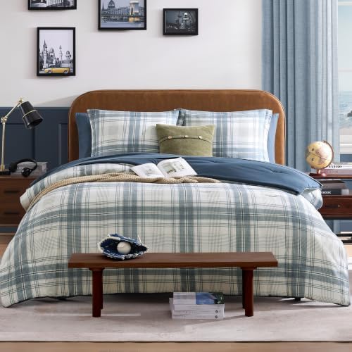 Plaid Queen Comforter Set Blue Grey 7 Pieces Farmhouse Bed in a Bag