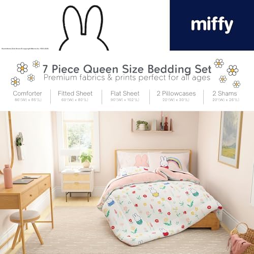 Miffy Bedding 7 Piece Super Soft Cozy Reversible Comforter and Sheet Set with Sham, Queen, (Officially Licensed Product) by Franco