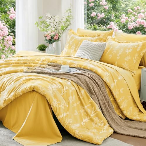 MUXHOMO Bright Yellow Bed in a Bag Queen 7 Pieces, Queen Comforter Set Reversible Botanical Flowers Design, Ultra Soft & Breathable Bedding Sets with Comforter, Sheets, Pillowcases & Shams