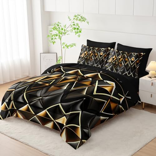 7 Piece Black and Gold Queen Comforter Set Geometric Pattern，Queen Quilt Bedding Set Checkered，(1 Comforter, 1 Flat Sheet, 1 Fitted Sheet, 2 Pillowcase and 2 Pillow Sham)