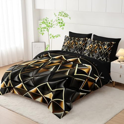 7 Piece Black and Gold Queen Comforter Set Geometric Pattern，Queen Quilt Bedding Set Checkered，(1 Comforter, 1 Flat Sheet, 1 Fitted Sheet, 2 Pillowcase and 2 Pillow Sham)