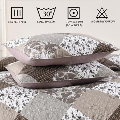 HIARUO Quilt Set King Size 3 Pieces Floral Patchwork Comforter Bedspread Boho Plaid Coverlet Reversible Lightweight Farmhouse Bedding with 2 Pillow Covers Shams for All Season, Brown