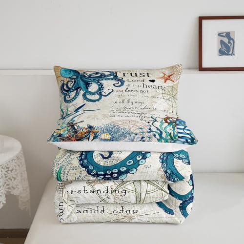 Homewish Sea Octopus Comforter Set Queen Size,Nautical Anchor Lighthouse Bedding Set 3Pcs for Kids Girls Boys Adult Room Decor,Ocean Animals Quilt Set Vintage Bible Quotes Duvet Insert,2 Pillowcases