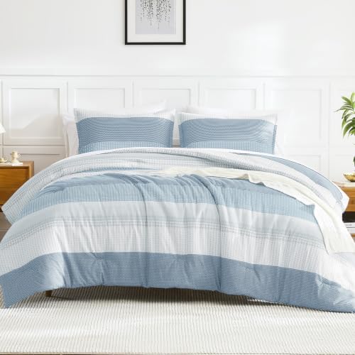 Litanika Grey Blue California King Comforter Set - 3 Pieces Stripe Bed Set