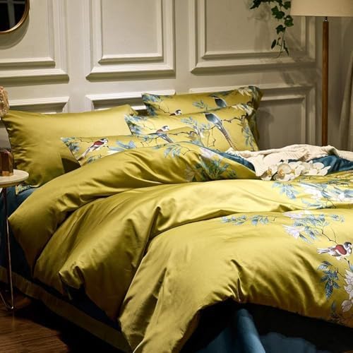 Gold Floral Duvet Cover Set King Size Garden Style Bird Flower Pattern Duvet Cover Luxury Soft Cotton Floral Comforter Cover with Zipper Closure Reversible Peacock Blue 3 Pieces Farmhouse Bedding Set