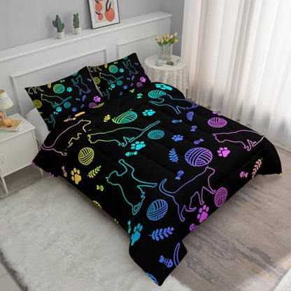 Axolotl Neon Cat Bedding Comforter Set King,Cartoon Cats Bedding Paw Ball of Yarn,Colorful Gradient Line Cats Kids Bed Set for Cat Lover Girls Boys Adults,Cartoon Animal Comforter with 2 Pillow Cases