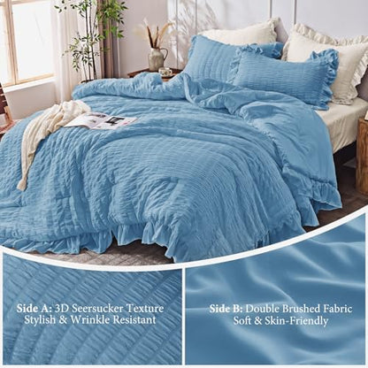 JOLLYVOGUE Twin Size Comforter Set, 2 Pieces Sea Blue Seersucker Lightweight Fluffy Bedding Set, Twin Ruffle Comforter, All Season Soft Microfiber Shabby Chic Bed Set