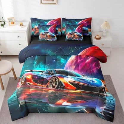 Erosebridal Boys Race Car 7 Pieces Bedding Set Queen Size,Extreme Sports Gaming Bed in a Bag,Cool Speed Car Bed Set Includes Comforter,Sheet Set,Pillowcases & Pillow Covers,Planet Galaxy Bedroom Decor