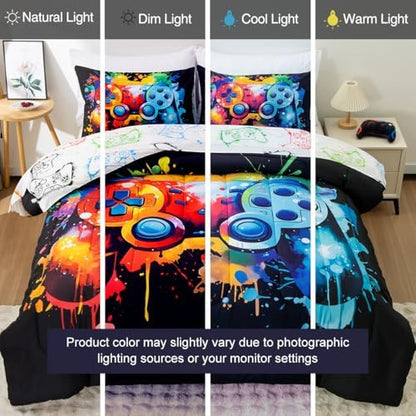 Twin Size Bedding Set for Boys, Kids Teens Gamer Comforter Set 5 Pieces