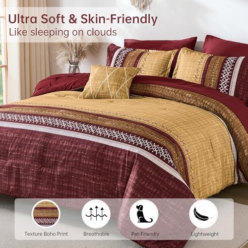 Dintszyayue Burgundy King Comforter Size Set, 8 Pieces Boho Striped Texture Bed in a Bag Sets, Lightweight Soft Bohemian Comforter and Sheet Set, All Season Microfiber Bedding Sets for Men Women