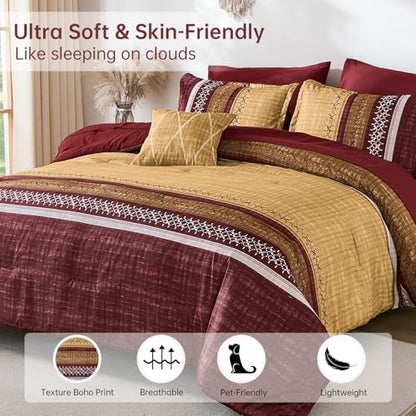 Dintszyayue Burgundy King Comforter Size Set, 8 Pieces Boho Striped Texture Bed in a Bag Sets, Lightweight Soft Bohemian Comforter and Sheet Set, All Season Microfiber Bedding Sets for Men Women